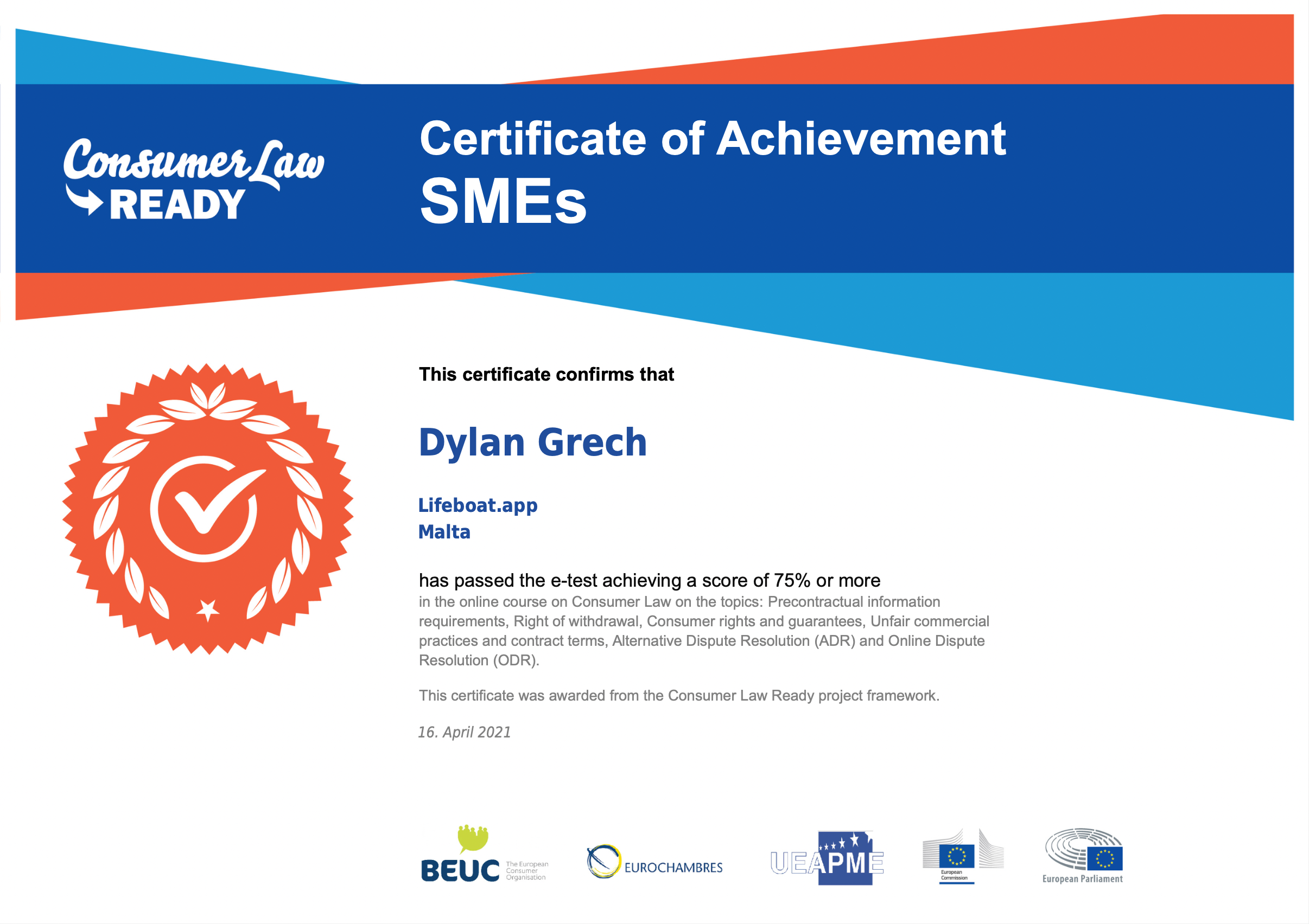 Dylan, founder of Lifeboat, certification of passing the e-test about EU Consumer Law