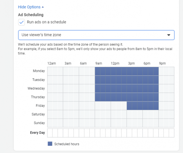 Preview of Ad scheduling in Facebook