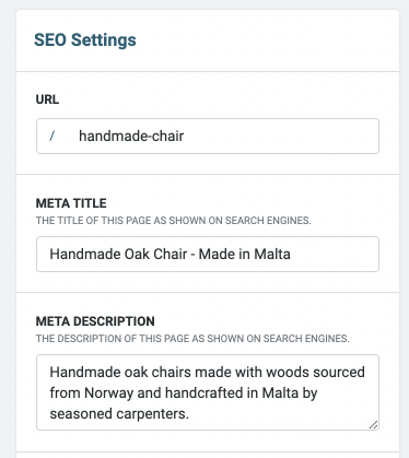 Preview of SEO Metadata options in the Lifeboat Admin Interface
